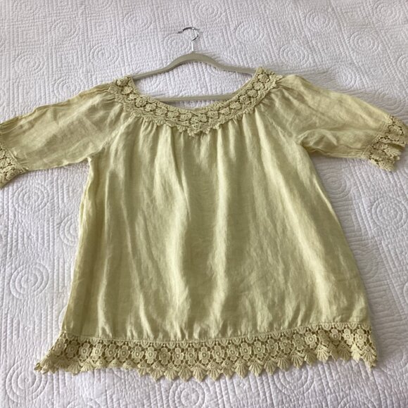 Piazza Roma 100% Linen Blouse Tunic Shirt Size M Buttery Yellow W/ Lace Details - Picture 8 of 13